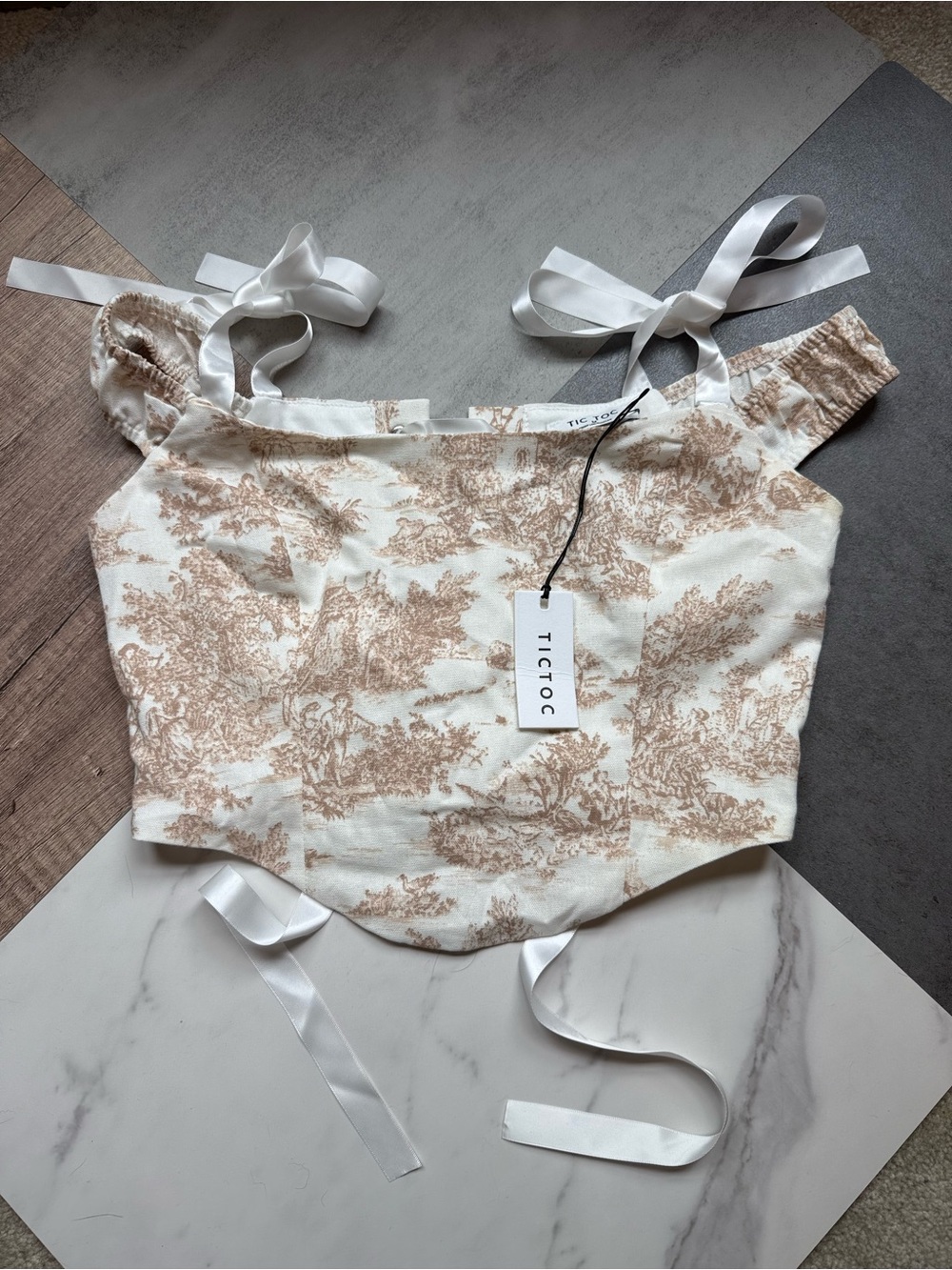 TIC TOC Cream and Brown Toile Off-Shoulder Tie-Shoulder Crop Top